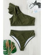 Ensemble de bikini à une épaule découpé à volants vert armée