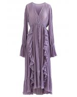 Volant venteuxAsymétrique Plissé Maxi Robe in Lilac Soie Chiffon