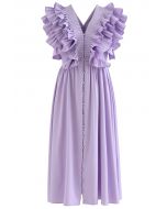 Robe plissée à volants et boutonnée à col en V profond en lilas