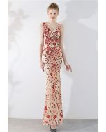 Robe Sirène en Maille à Paillettes Floral Vine en Rouge