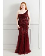 Robe en tulle à sequins et treillis floral à une épaule en bordeaux