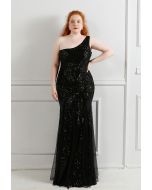 Robe en maille à sequins et treillis floral à une épaule en noir