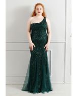 Robe asymétrique en tulle à sequins et treillis fleuri en émeraude