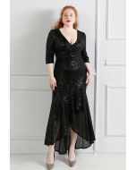 Robe à sequins à volants et manches coudées en noir