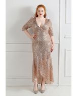 Robe à sequins à volants et manches coudées en champagne