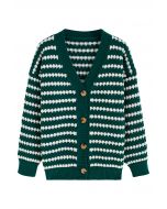 Cardigan en tricot gaufré rayé boutonné en vert