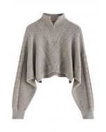 Crop top en tricot tressé gaufré à col zippé en taupe