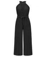 Halter Neck Self-Tie Pleated Jumpsuit in Black