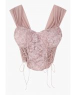 Crop top bustier à lacets fleur 3D en rose