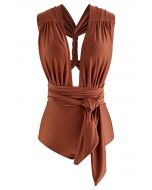 Maillot de bain une pièce à col en V profond à lacets en caramel