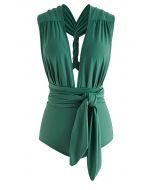 Maillot de bain une pièce à col en V profond à lacets en vert