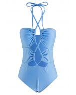 Maillot de bain à découpes croisées et dos nu en bleu