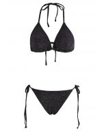 Dazzling Metallic Tie-String Bikini Set en Noir