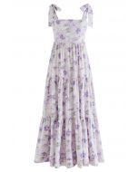 Robe longue lilas à bretelles nouées