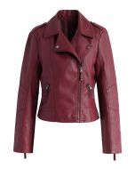 Chic et Mode Veste de motard en Faux Cuir Rouge Vineux