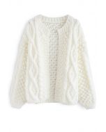 Cardigan en tricot torsadé matelassé blanc en blanc