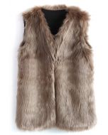 Gilet Mi-Longueur en Fausse Fourrure Brun